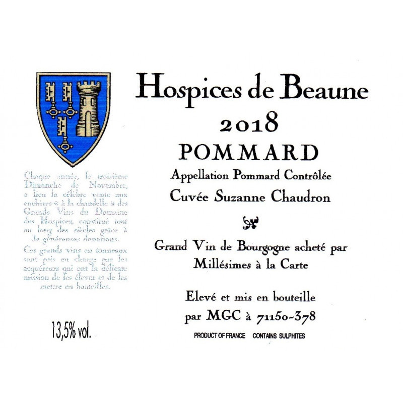Pommard Cuvée Suzanne Chaudron 2018 Hospices de Beaune 750 ml 95,00 € Bourgogne vendu par 750ml